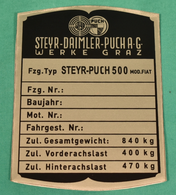 Typenschild Steyr-Puch 500, 16PS ab 1968